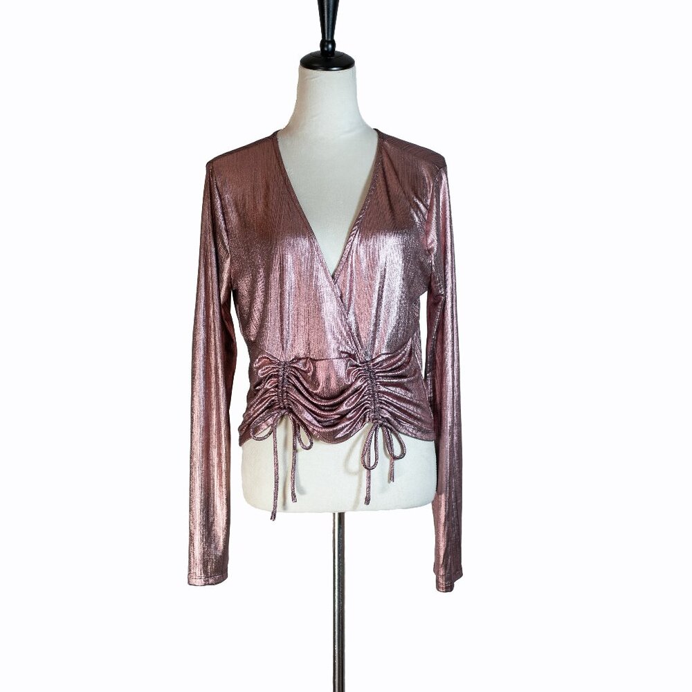 Bloomfield Womens Rose Gold Metallic Blouse Ruched Drawstring Front Top Size XL